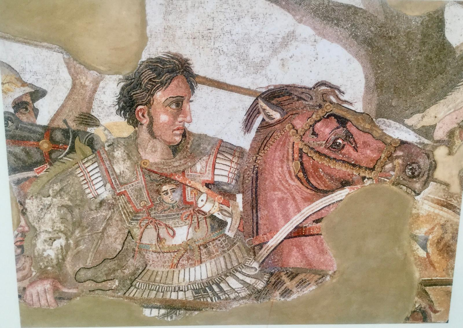 A mosaic of Alexander the Great on horseback in battle, after the Alexander Mosaic from Pompeii.