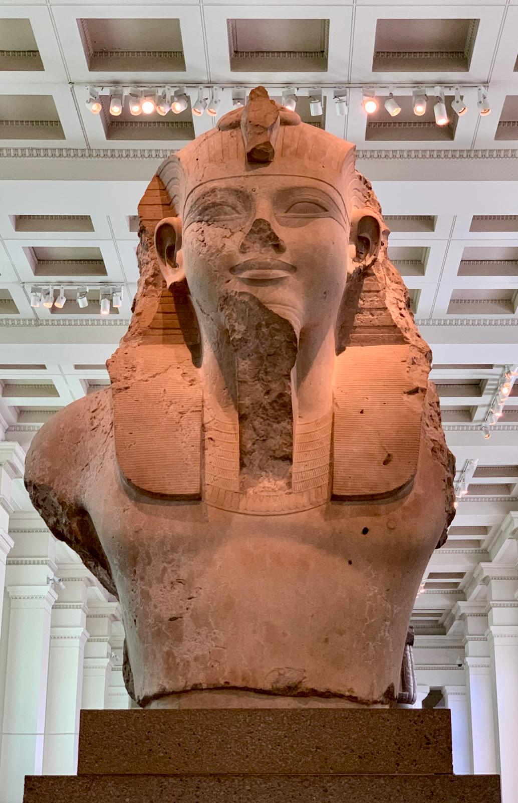 A colossal red granite bust of a pharaoh wearing the royal headdress, in the Egyptian Sculpture Gallery.
